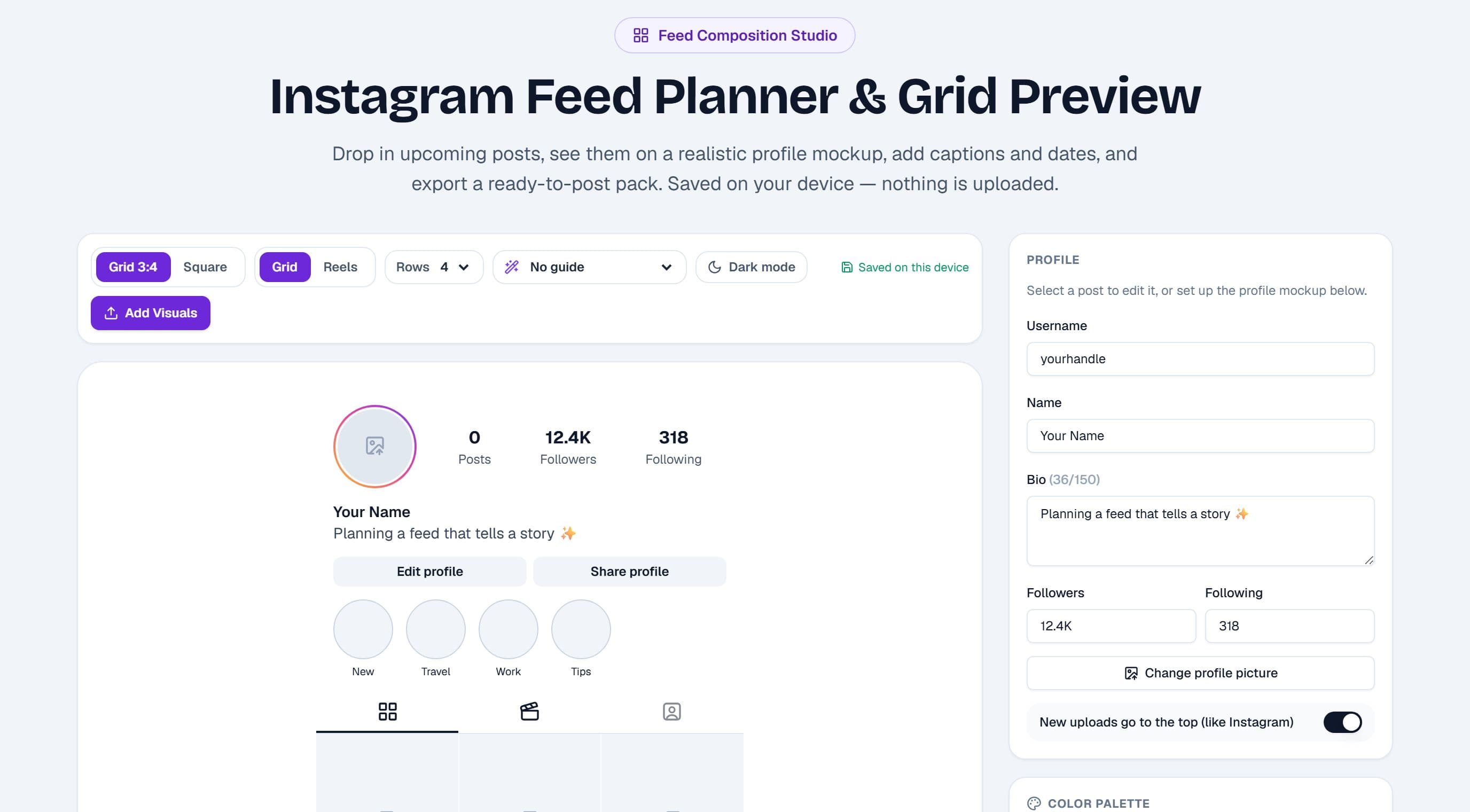 The feed planner showing a profile mockup with planned posts