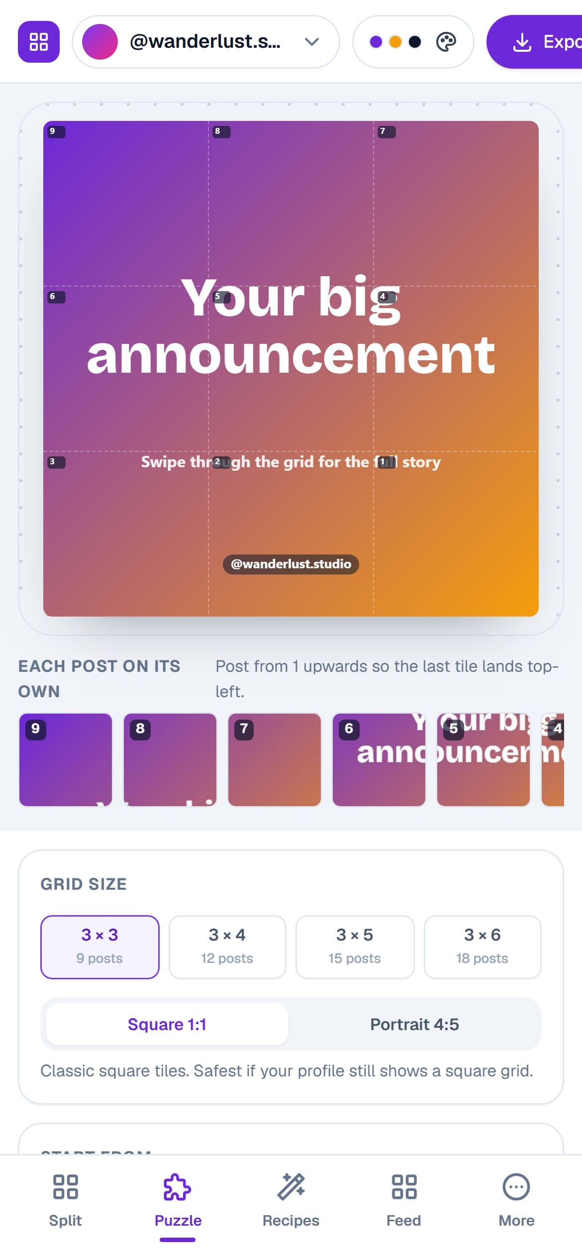 Instagram Studio on a phone with the puzzle designer open