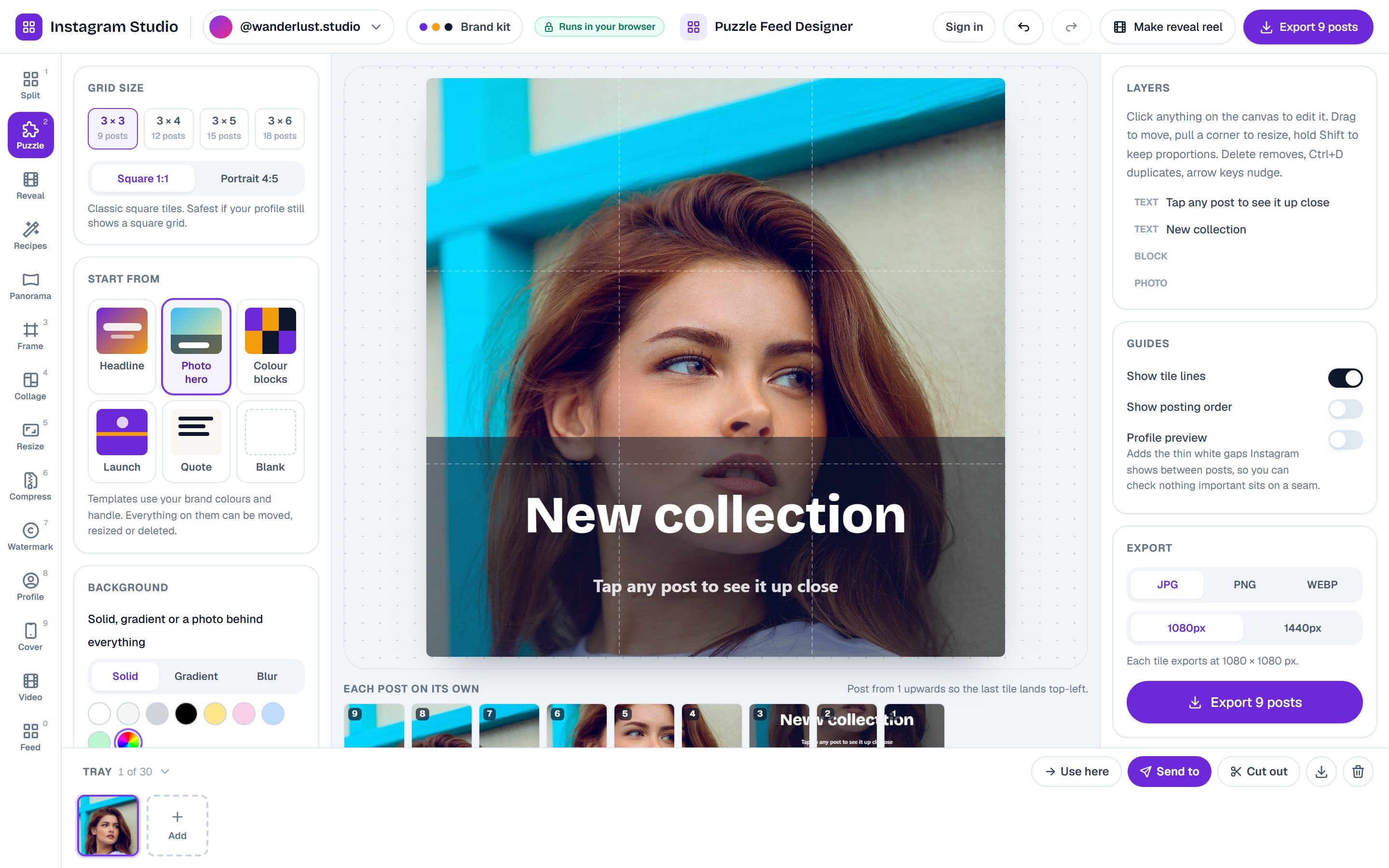 Instagram Studio with the puzzle feed designer open: a photo spread across a 3×3 grid with a headline on top