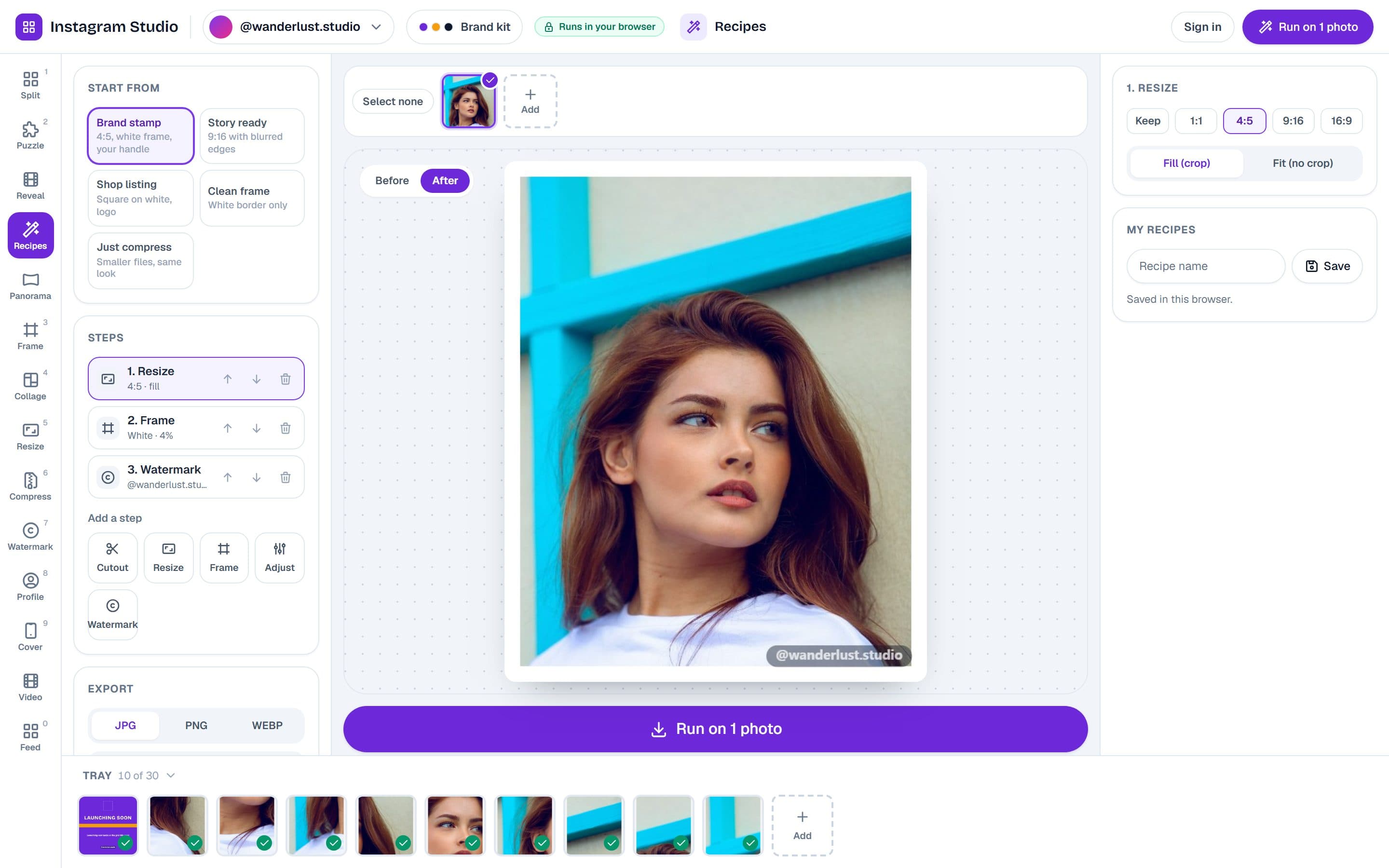 The Recipes tool showing a before and after preview and a chain of steps