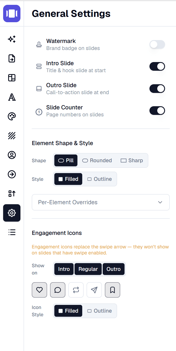 Element shapes, engagement icons and redesigned general settings