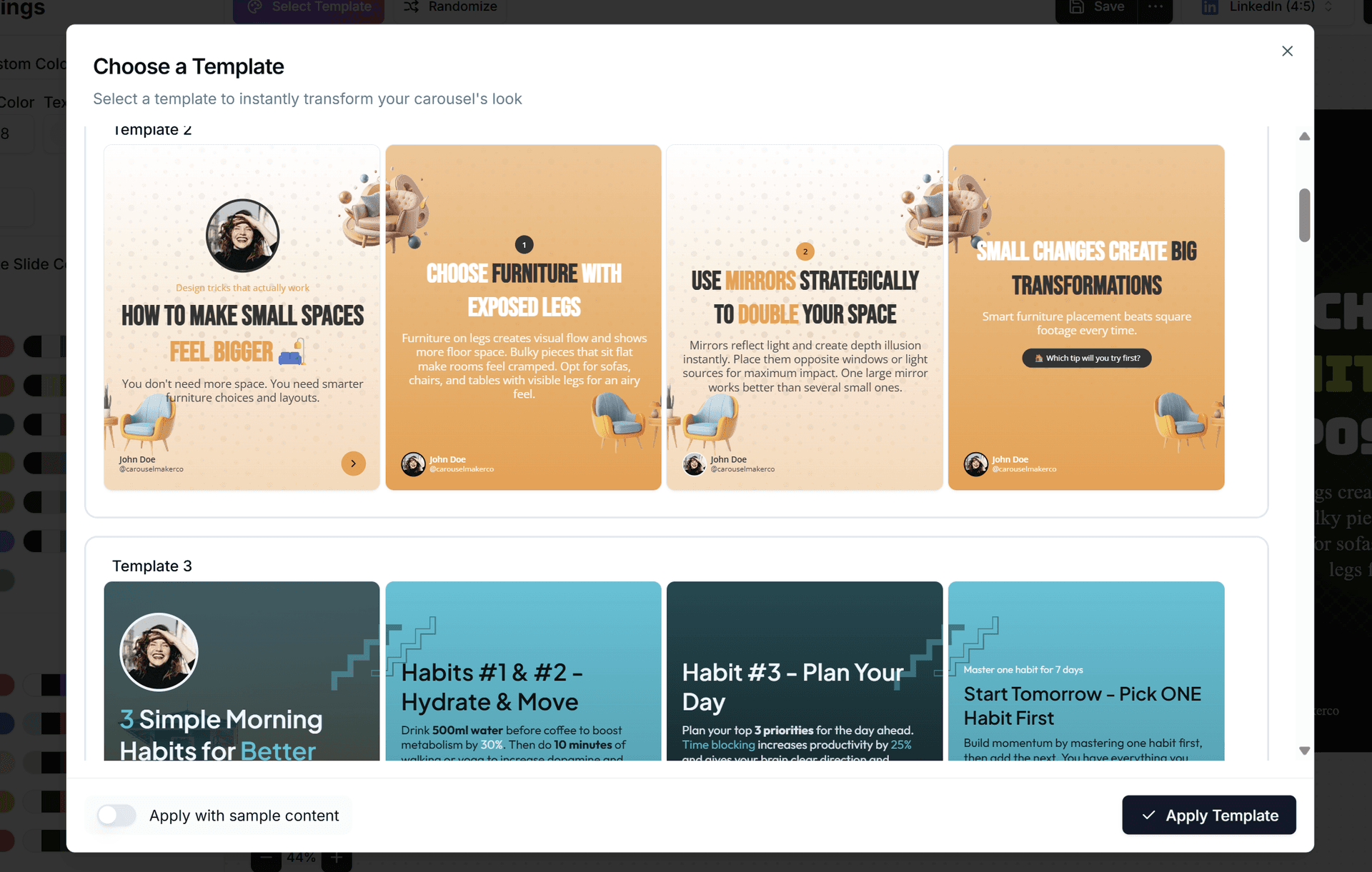 Template selection in editor header