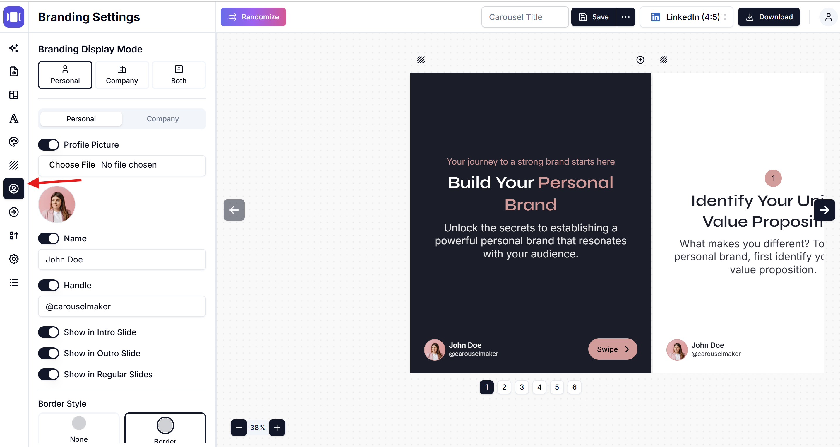 Branding setting for carousel generator